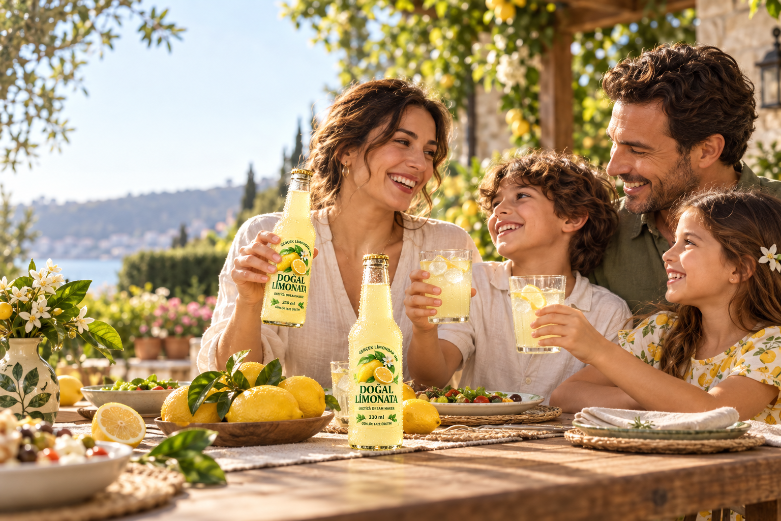 Ailesiyle Dream Maker doğal limonata içen mutlu aile